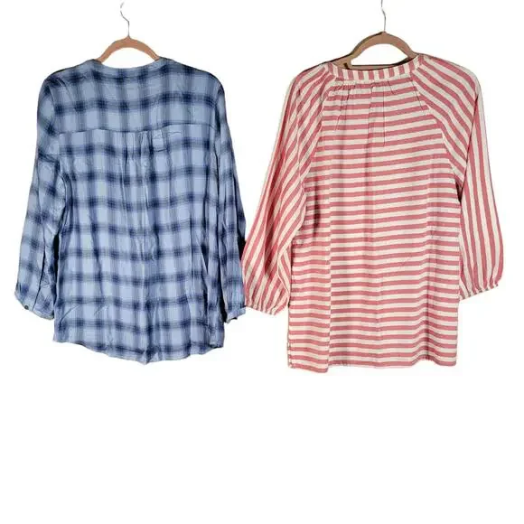 Bass 2 Pack Red Blue Plaid and Stripes Peasant Tops Women Size M - Picture 2 of 8